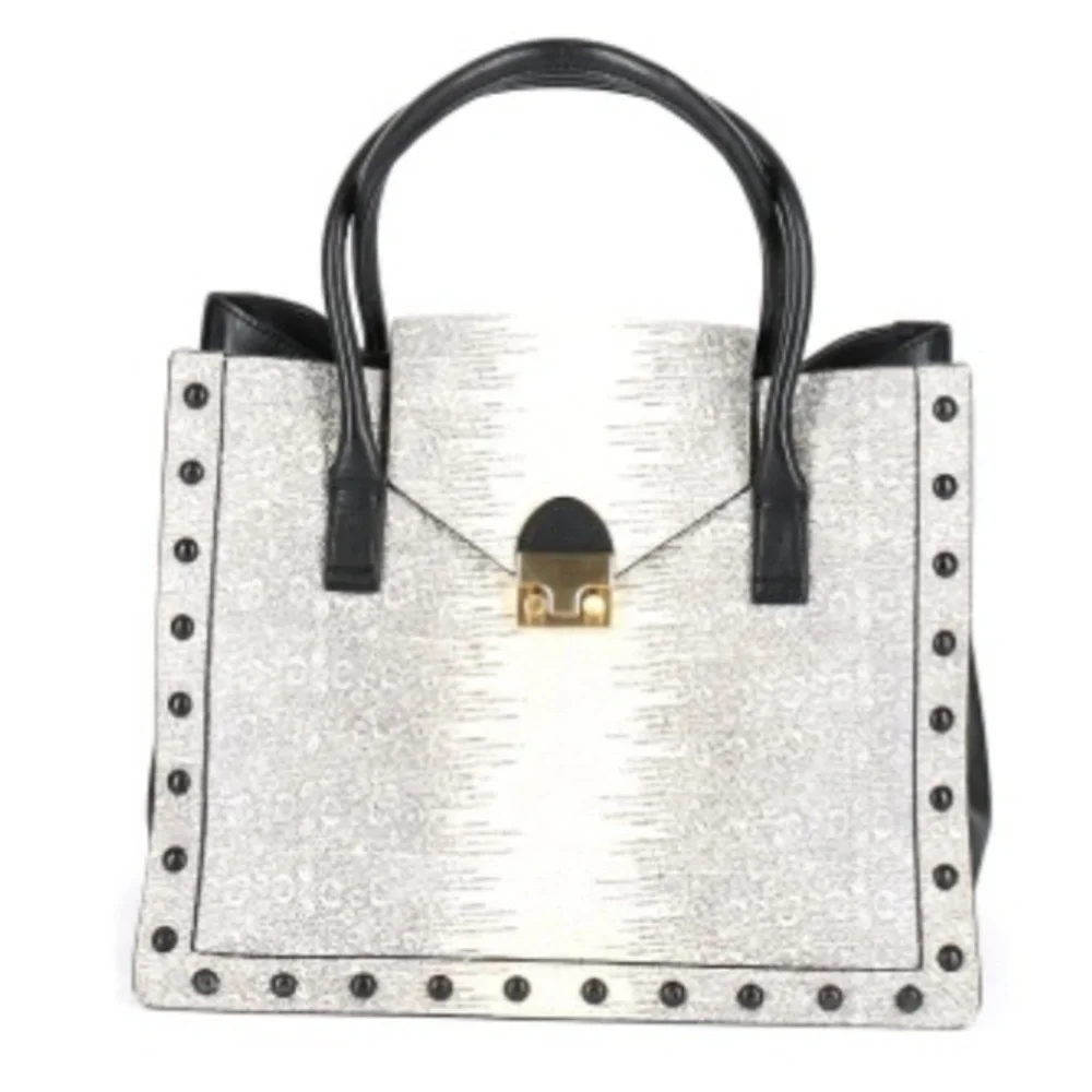 Loeffler Randall work bag tote purse reptile snakeskin python black bag office - Picture 3 of 12